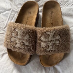 Tory Burch Tan Shearling Slides